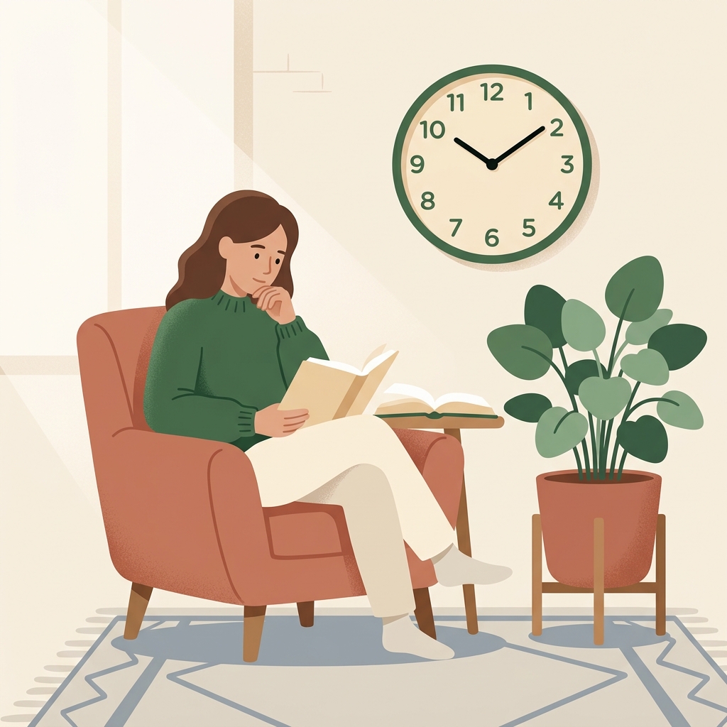 A person sitting quietly in an armchair reading a book beside a large wall clock and potted plant