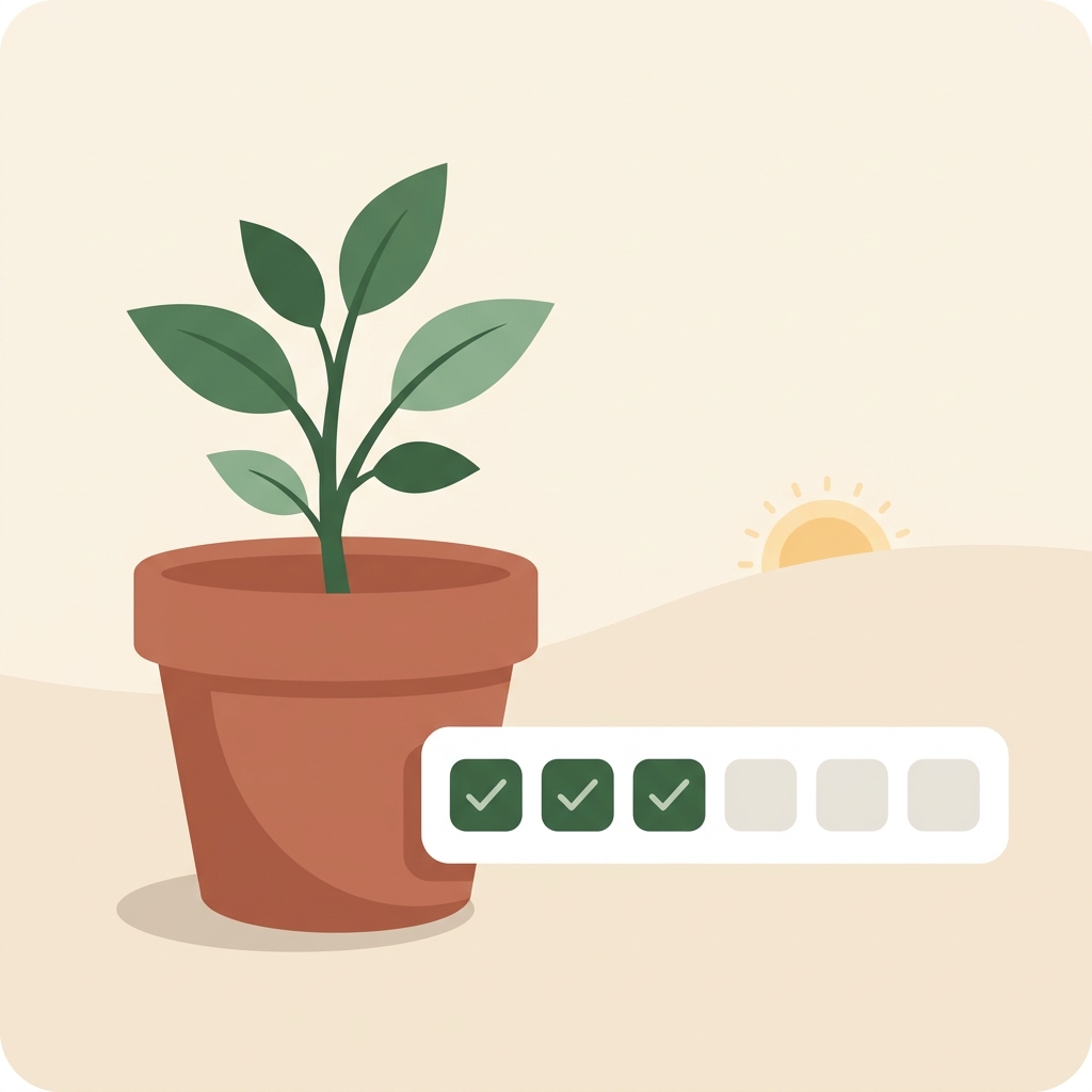 A sapling growing in a terracotta pot beside a weekly calendar with green checked days