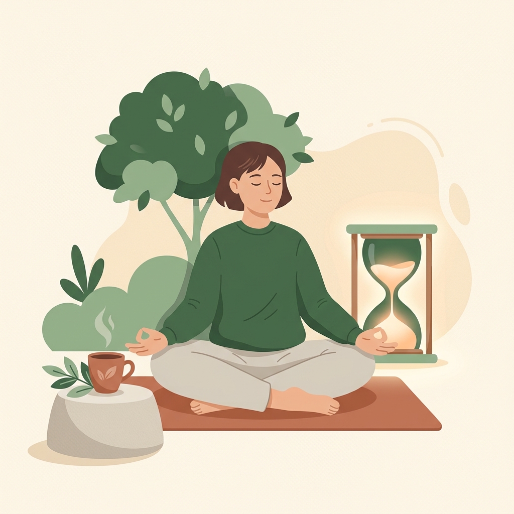 A person meditating calmly beside a softly glowing hourglass