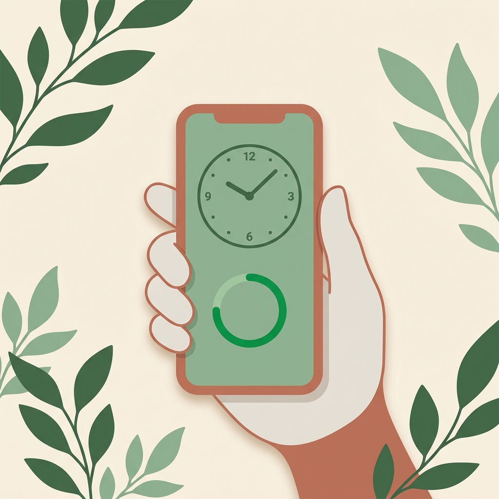 A hand holding a phone showing a ClockZen clock dial and focus progress ring